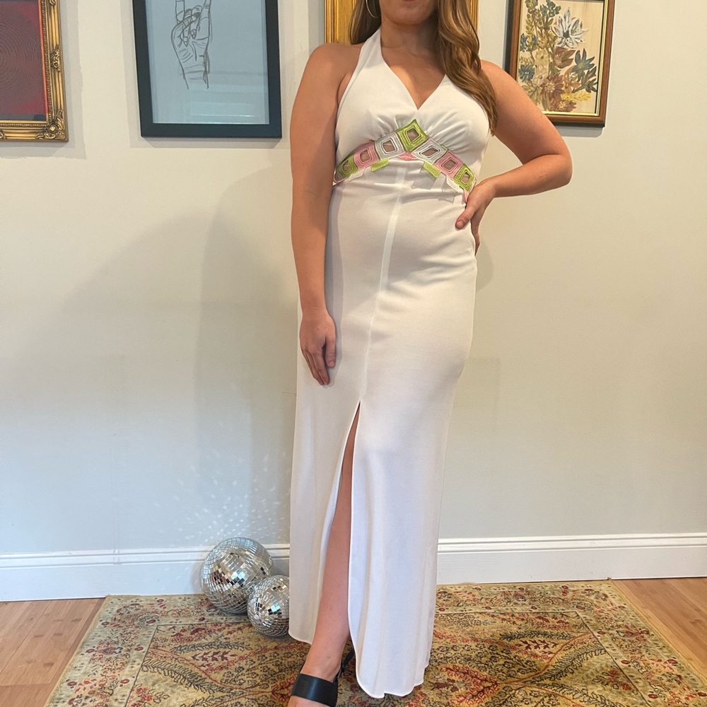 1970s halter maxi dress with pastel diamond cutouts